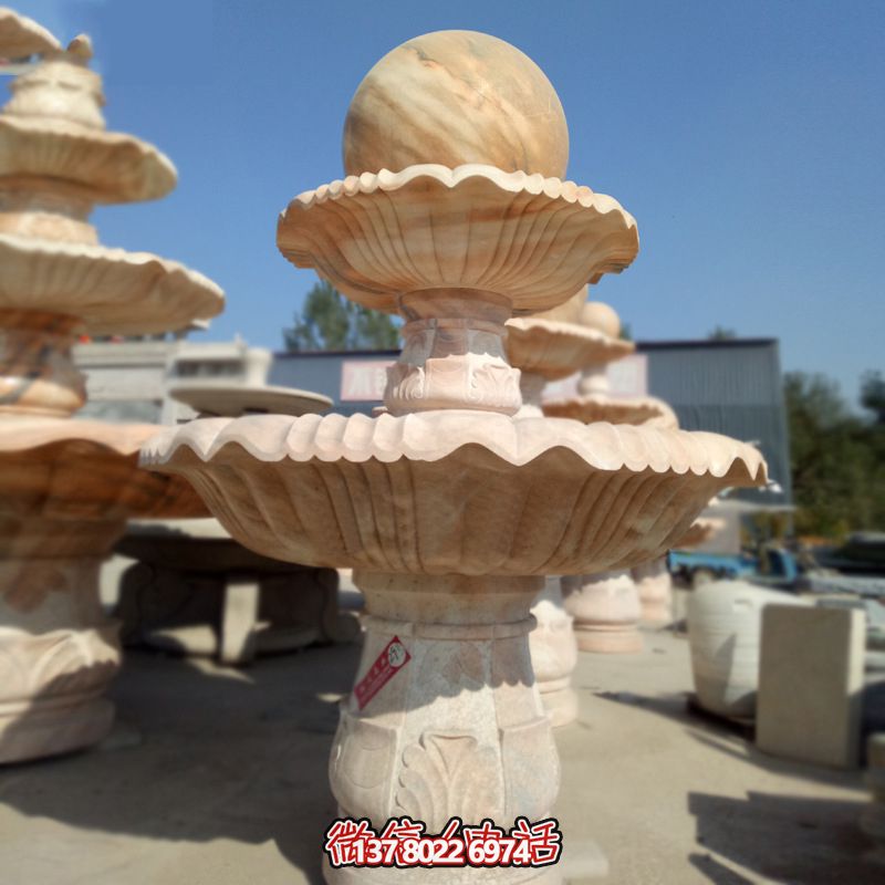 私家庭院風水紅景觀，點綴晚霞夢幻雕塑噴泉