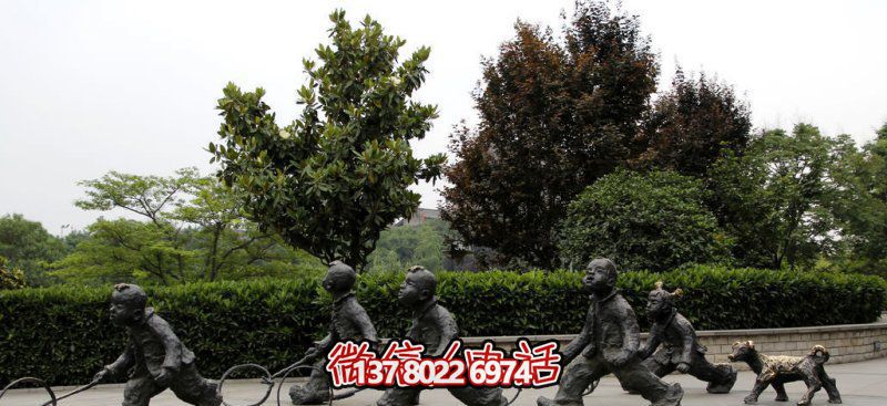 推鐵環，兒童奔跑，公園雕塑銅雕