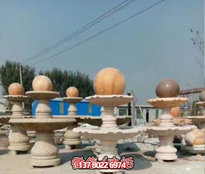 精美多層風水球噴泉石雕晚霞紅藝術(shù)裝置