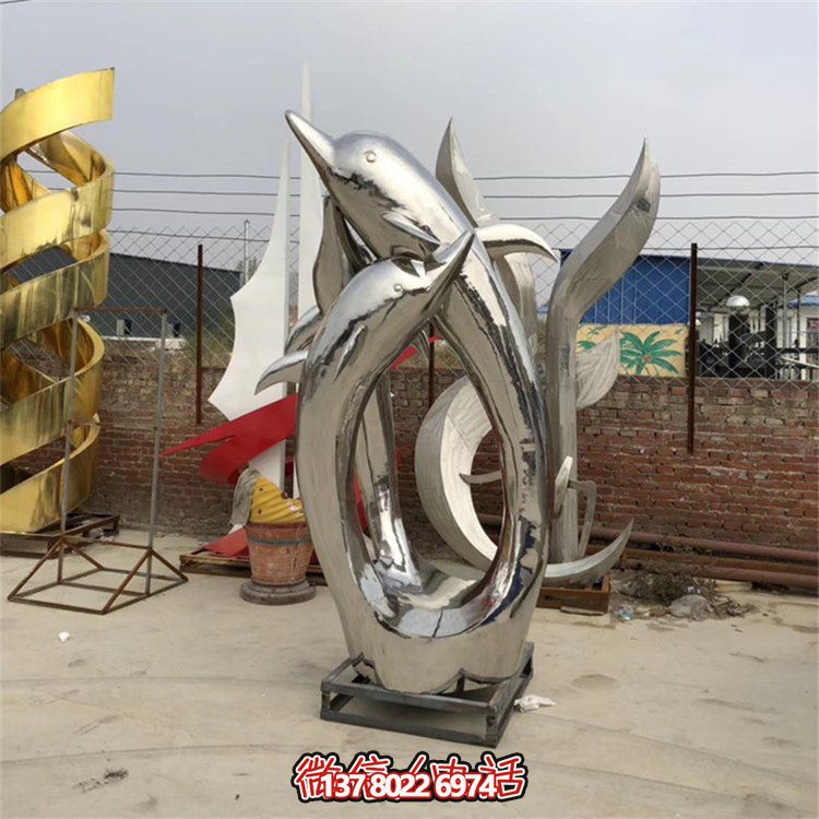 精美不銹鋼海豚雕塑，為您的戶外廣場增添水景鏡面美感