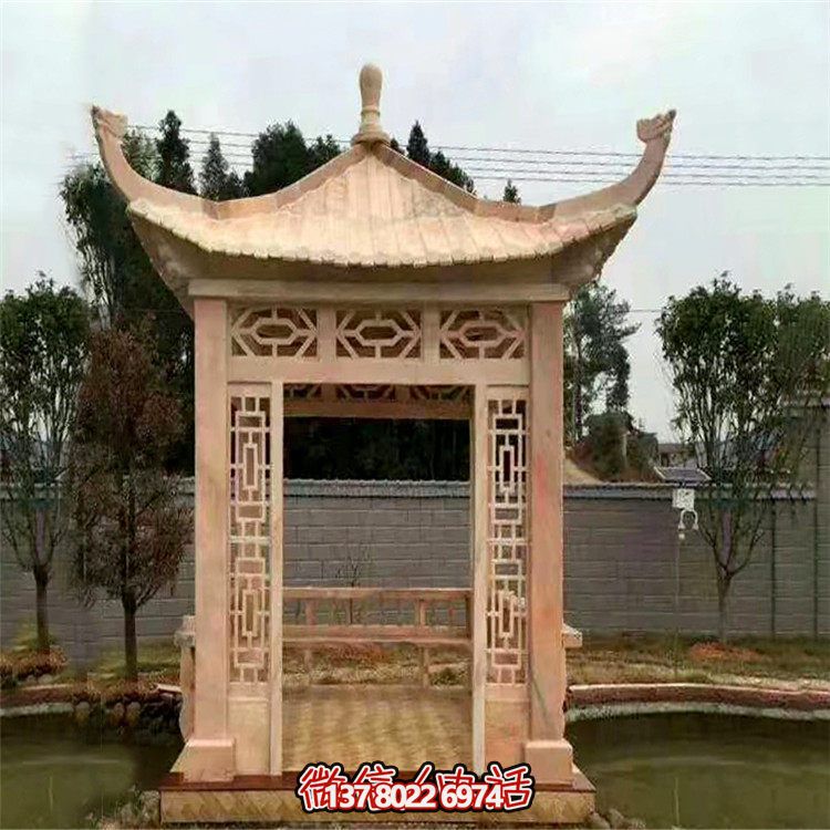 紅石雕鏤涼亭，晚霞中空中創(chuàng)意雕塑